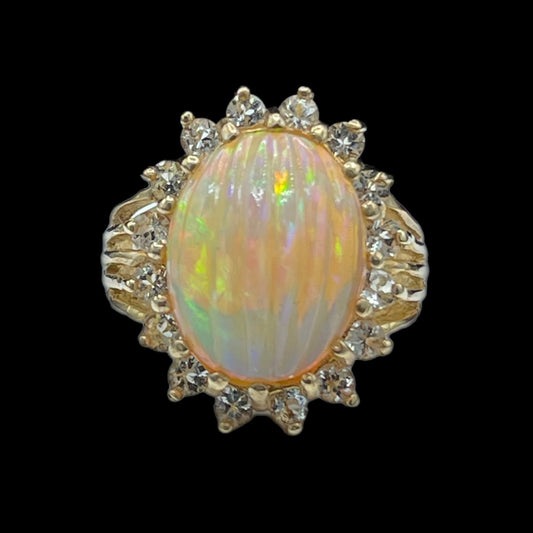 12.57 Carat Ethiopian Welo Opal Natural White Sapphire 14k Yellow Gold Ring (Size 7)