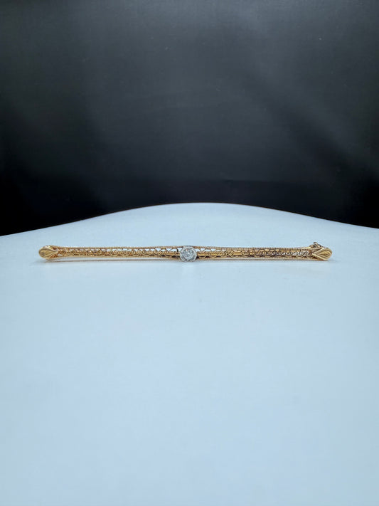 Antique Edwardian 14K Yellow Gold Old European Cut Diamond Bar Brooch Pin – 2.48” Engraved Filigree Design – Circa 1910s