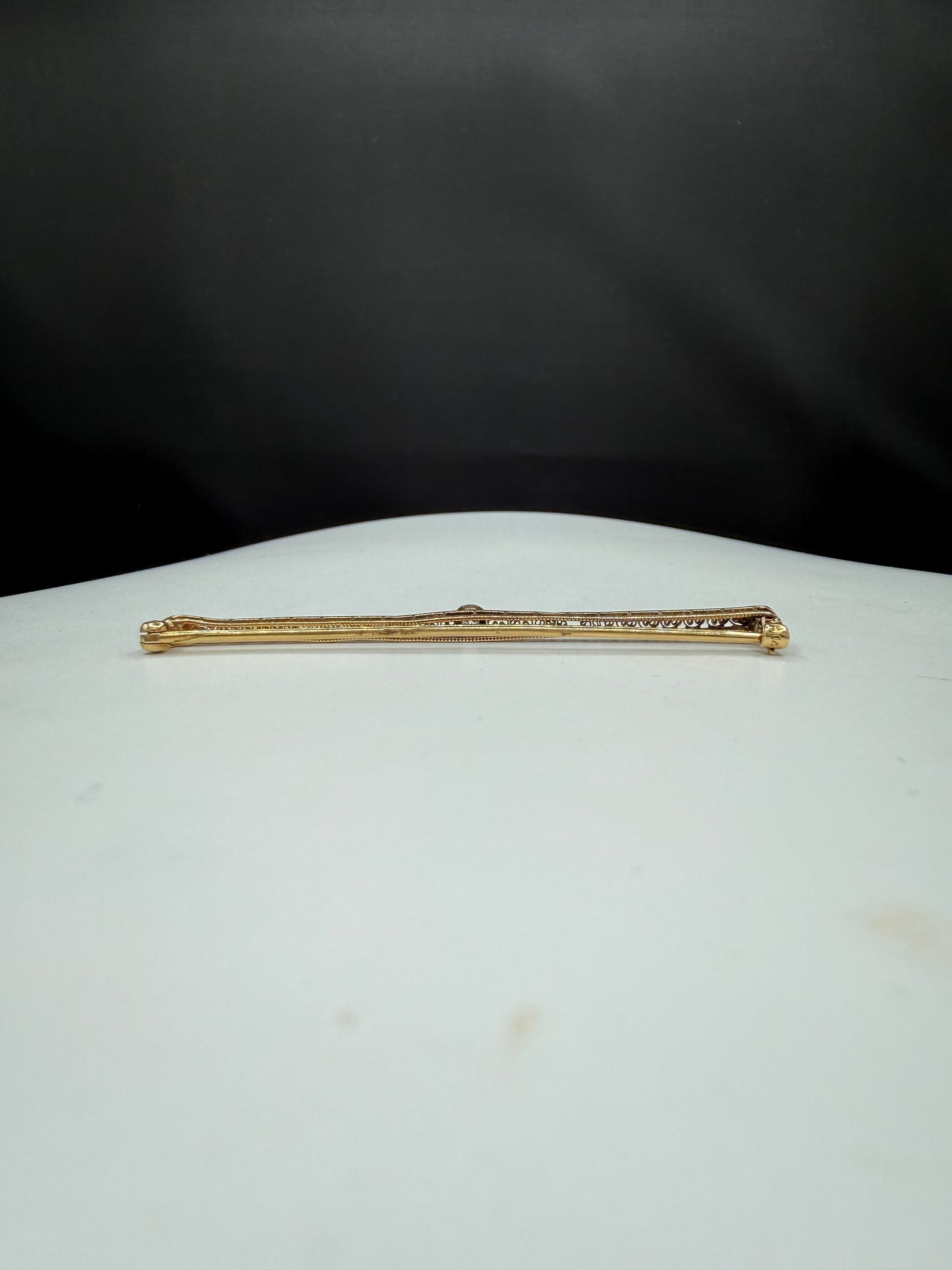 Antique Edwardian 14K Yellow Gold Old European Cut Diamond Bar Brooch Pin – 2.48” Engraved Filigree Design – Circa 1910s