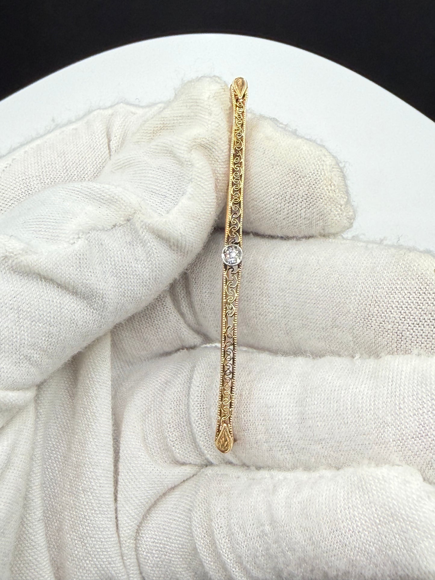 Antique Edwardian 14K Yellow Gold Old European Cut Diamond Bar Brooch Pin – 2.48” Engraved Filigree Design – Circa 1910s
