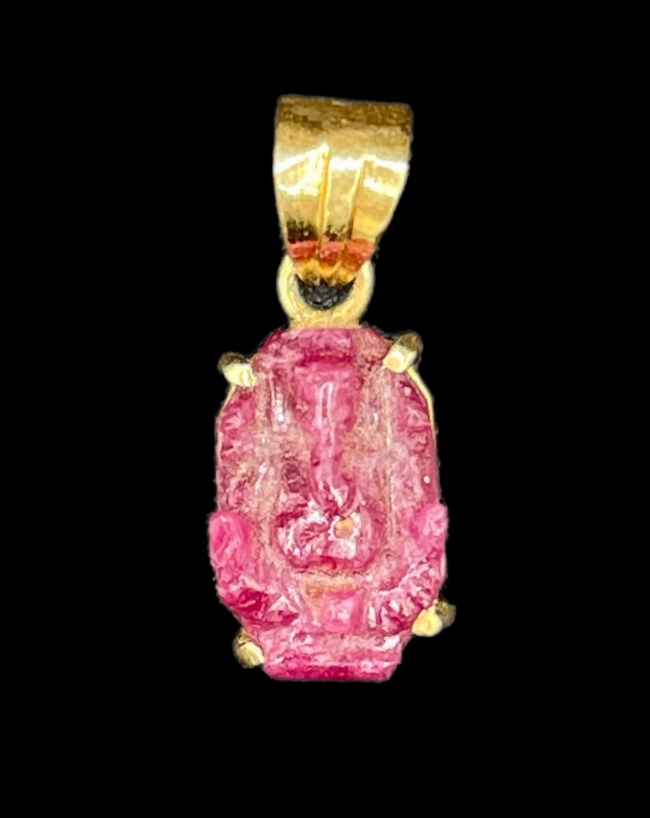 Natural Ruby Hand Carved Lord Ganesh 18k Yellow Gold Pendant