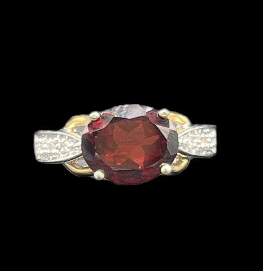 2.50 Carat Natural Garnet & Diamond Yellow + White Gold Ring (Size 7.25)