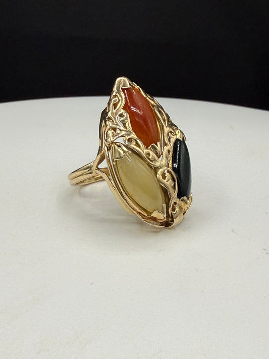 Vintage 14K Gold Natural Tri-Color Jade Cocktail Ring 3 Stone Statement Size 7