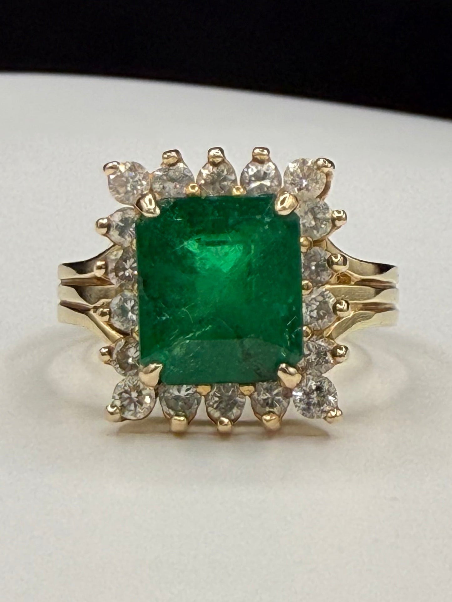 4.28 Carat Natural Emerald and Diamond Halo 14k Yellow Gold Ring | 3.74 Ct Emerald | 0.54 Ct Diamond