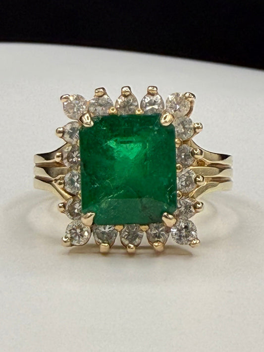 4.28 Carat Natural Emerald and Diamond Halo 14k Yellow Gold Ring | 3.74 Ct Emerald | 0.54 Ct Diamond