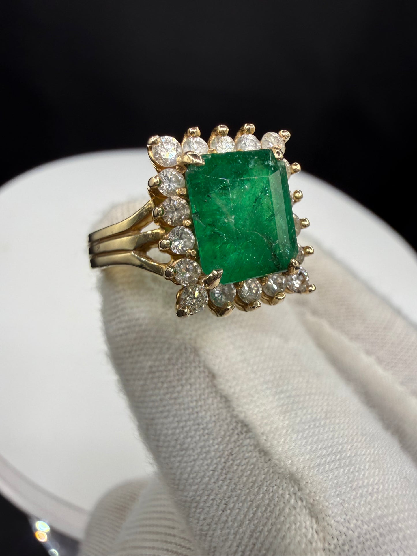 4.28 Carat Natural Emerald and Diamond Halo 14k Yellow Gold Ring | 3.74 Ct Emerald | 0.54 Ct Diamond