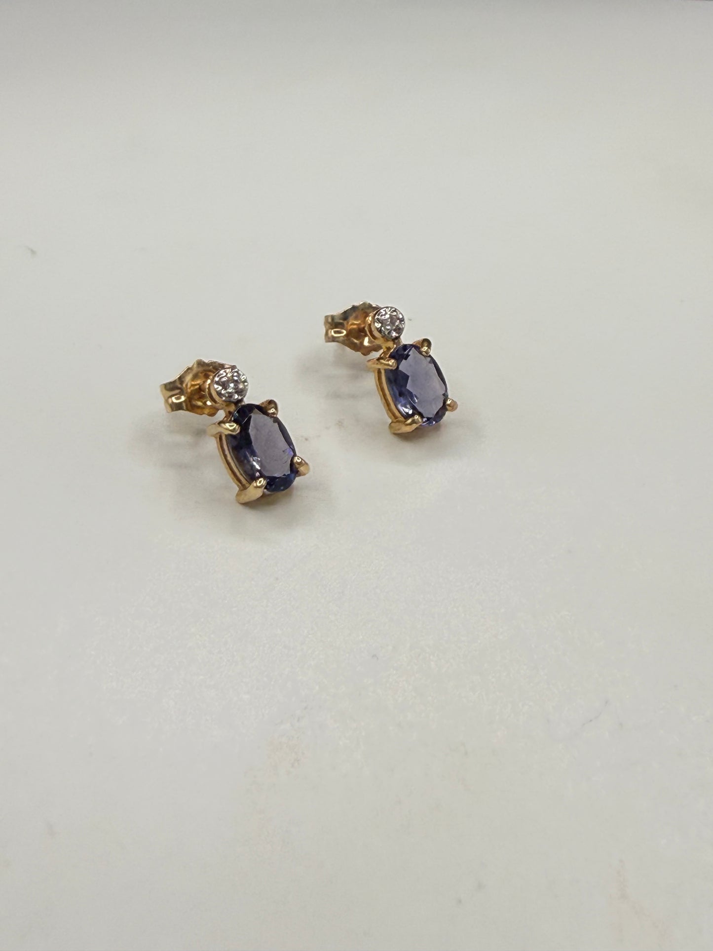 Elegant Natural Iolite & Diamond 14K Yellow Gold Earrings