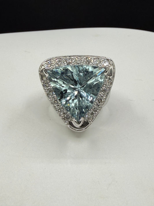 Natural 16.02 Ct Aquamarine & Diamond 14k White Gold Ring | 15 Ct Aquamarine | 1.02 Ct Diamonds