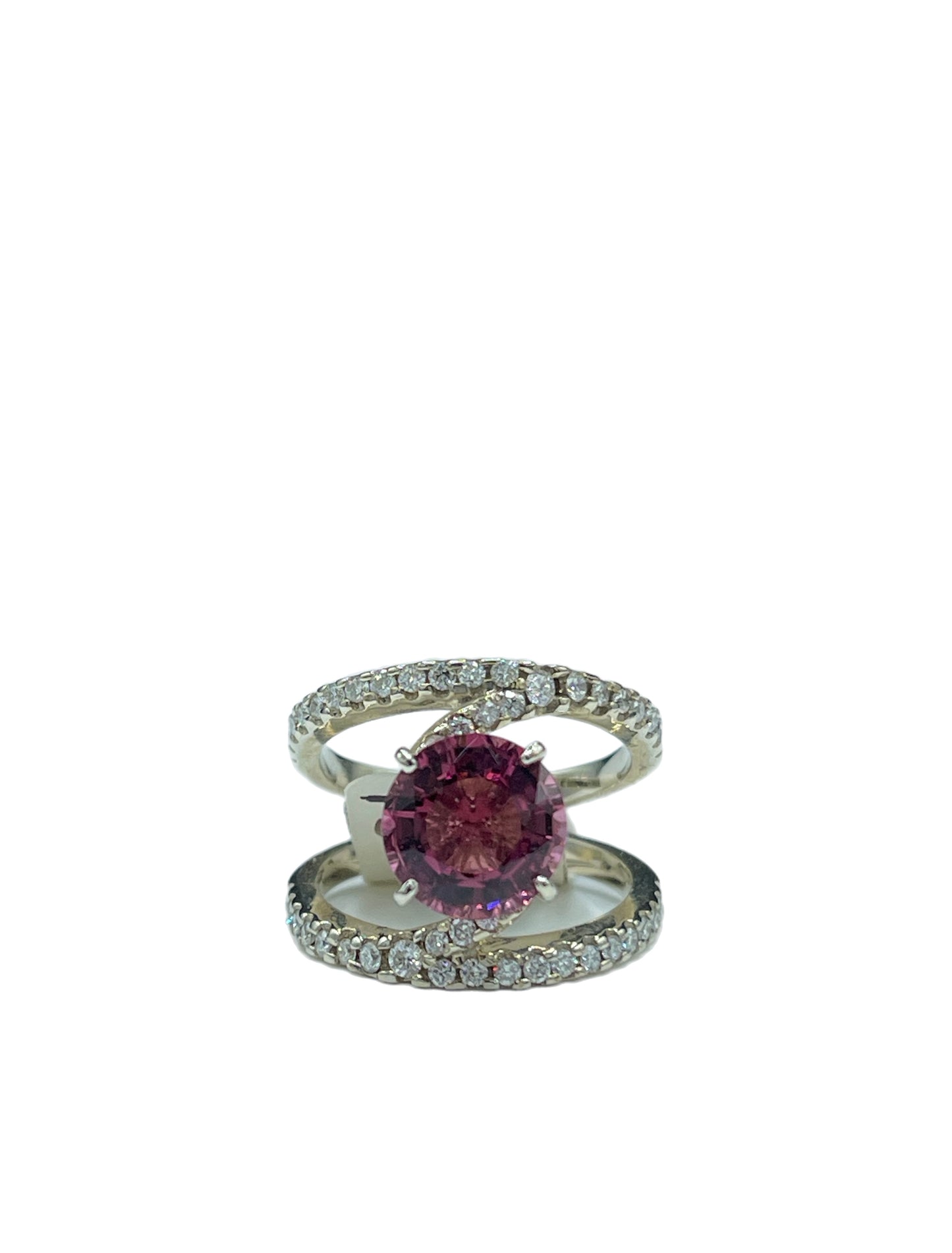 Natural Rubellite Tourmaline & Diamond 14k White Gold Designer Engagement Ring (Size 5.5)