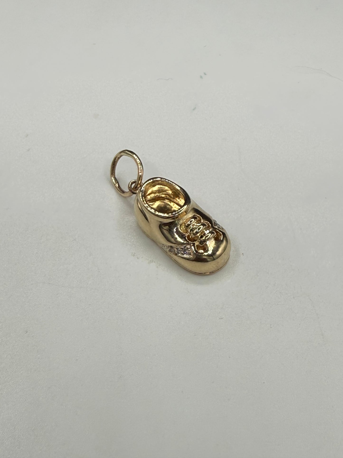 14K Solid Yellow Gold Baby Shoe Pendant with Natural Diamonds