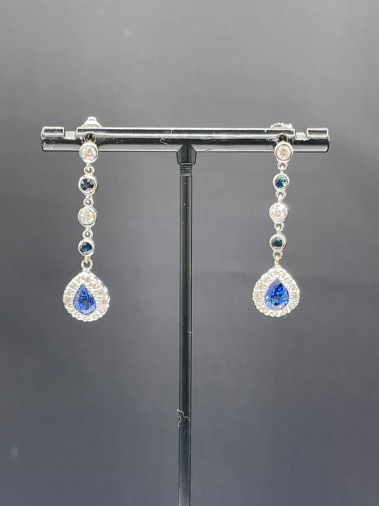 Natural Sapphire & Diamond 14k White Gold Dangle Earrings