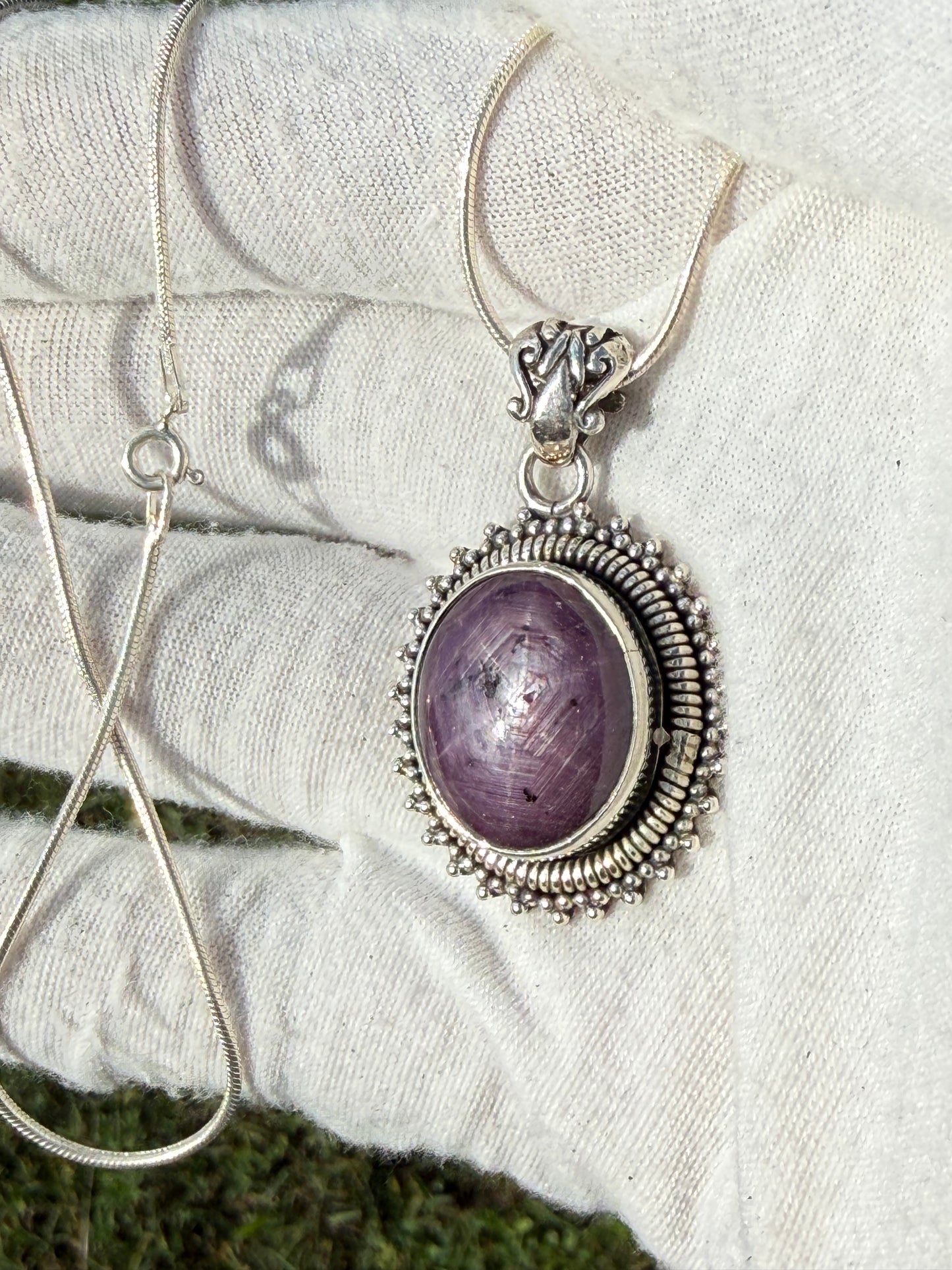 Natural Purple Star Sapphire Sterling Silver Pendant & Necklace | 16 Inches | 23 Carats