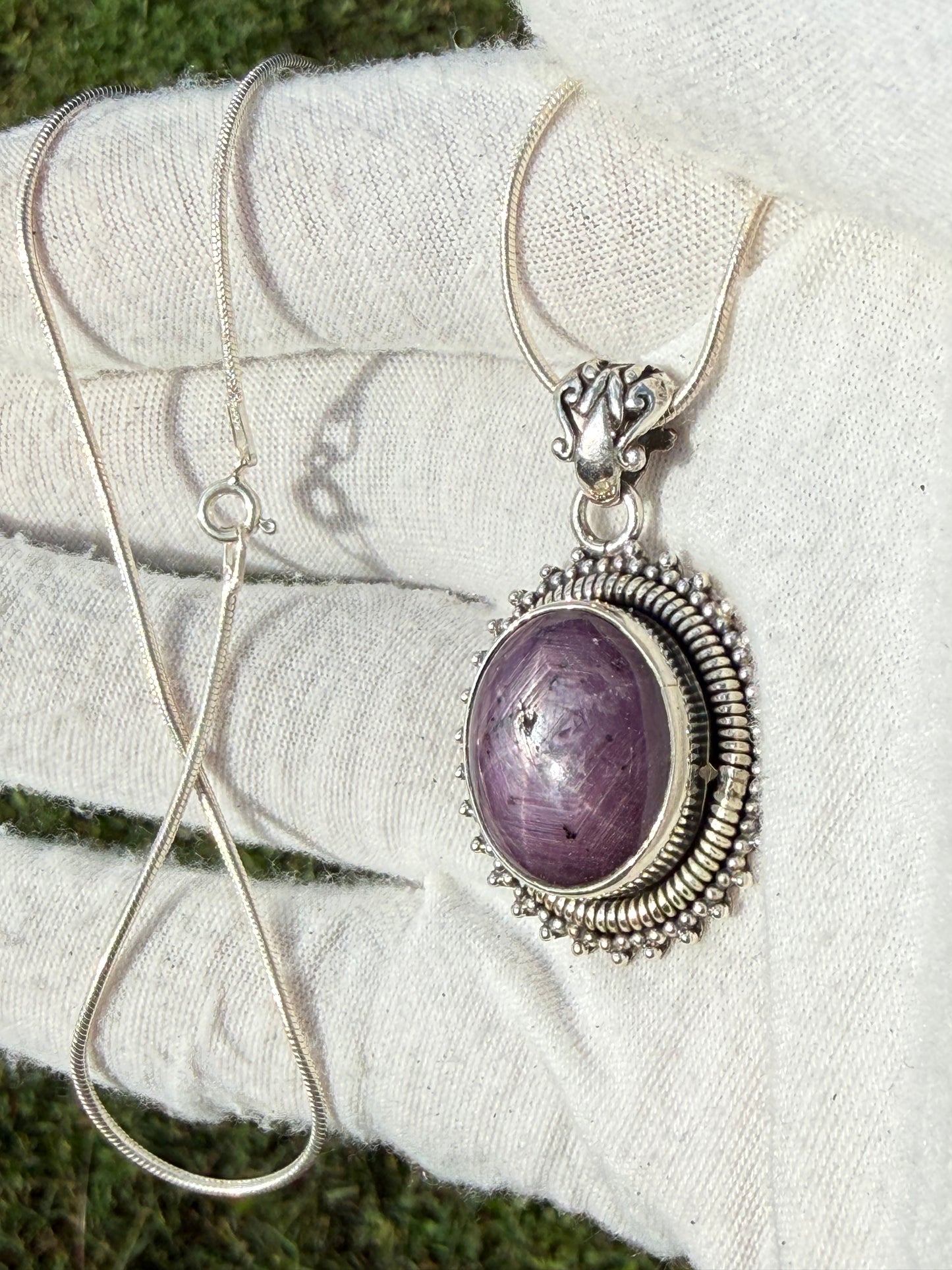 Natural Purple Star Sapphire Sterling Silver Pendant & Necklace | 16 Inches | 23 Carats