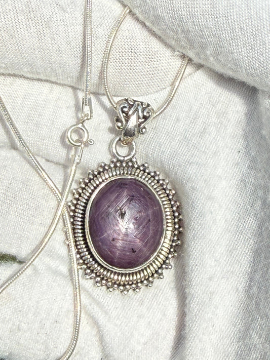 Natural Purple Star Sapphire Sterling Silver Pendant & Necklace | 16 Inches | 23 Carats