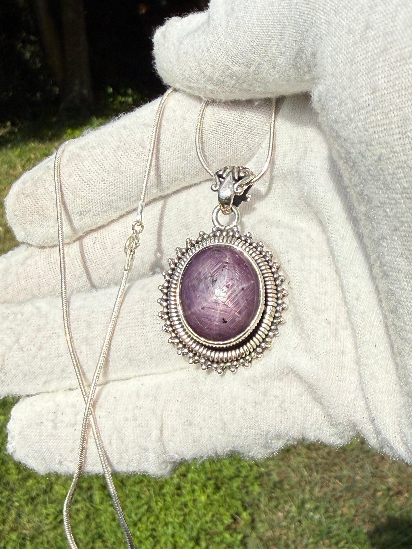 Natural Purple Star Sapphire Sterling Silver Pendant & Necklace | 16 Inches | 23 Carats
