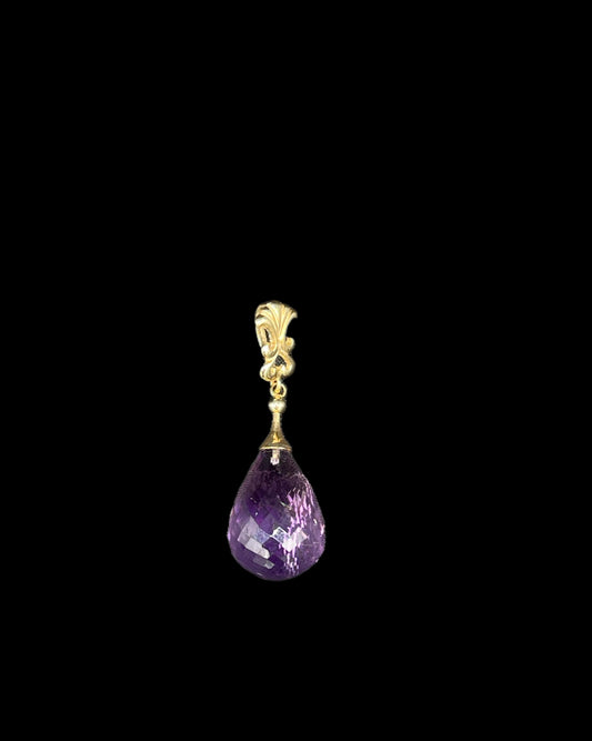 Natural Zambian Amethyst Briolette Cut 14k Yellow Gold Pendant