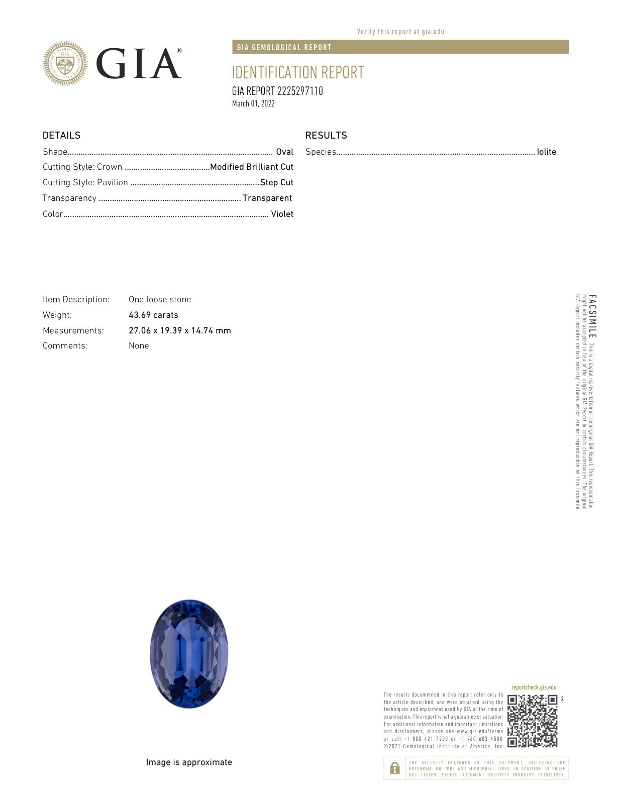 43.69 Carat GIA Certified Natural Iolite Gem | Museum Quality Deep Blue Violet Water Sapphire | 27.06x19.38mm Flawless Collector’s Gemstone