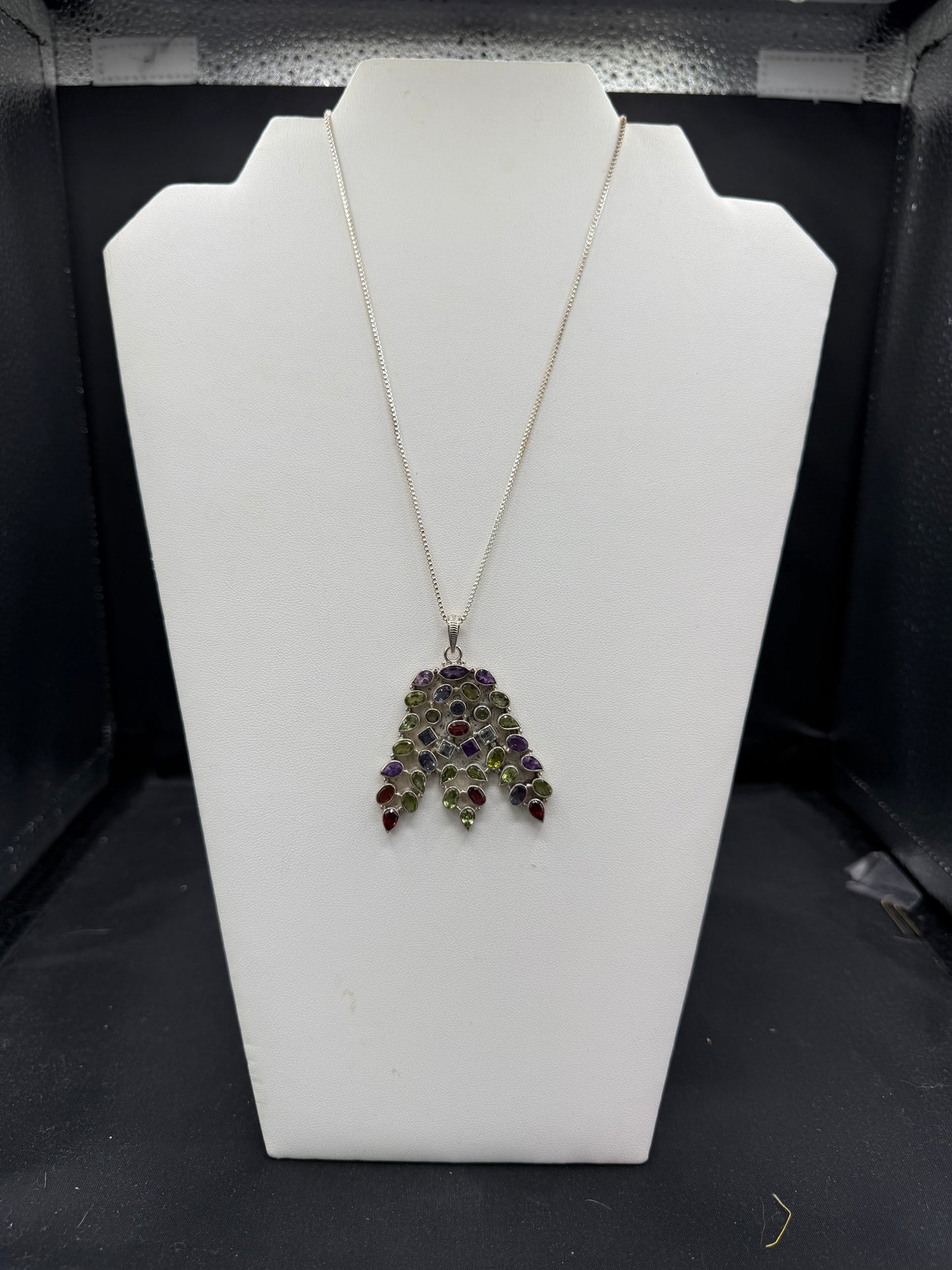 Handmade Sterling Silver Multi-Gemstone Pendant Necklace | Natural Amethyst, Peridot, Garnet, Iolite & Aquamarine