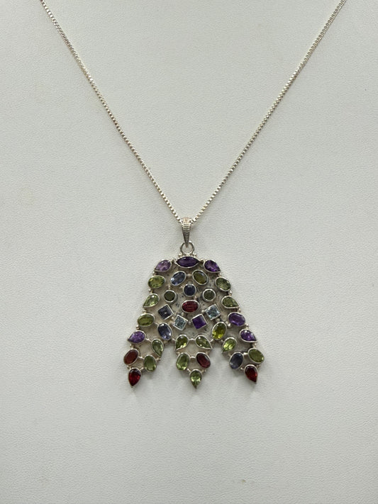 Handmade Sterling Silver Multi-Gemstone Pendant Necklace | Natural Amethyst, Peridot, Garnet, Iolite & Aquamarine
