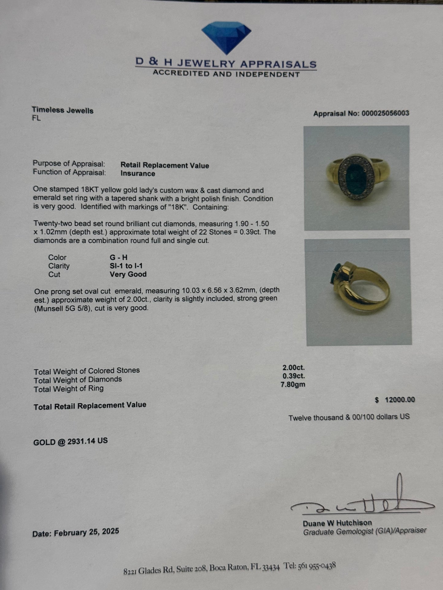 Natural 2.39 Ct Emerald & Diamond 18K Yellow Gold Ring (Size 7.5)