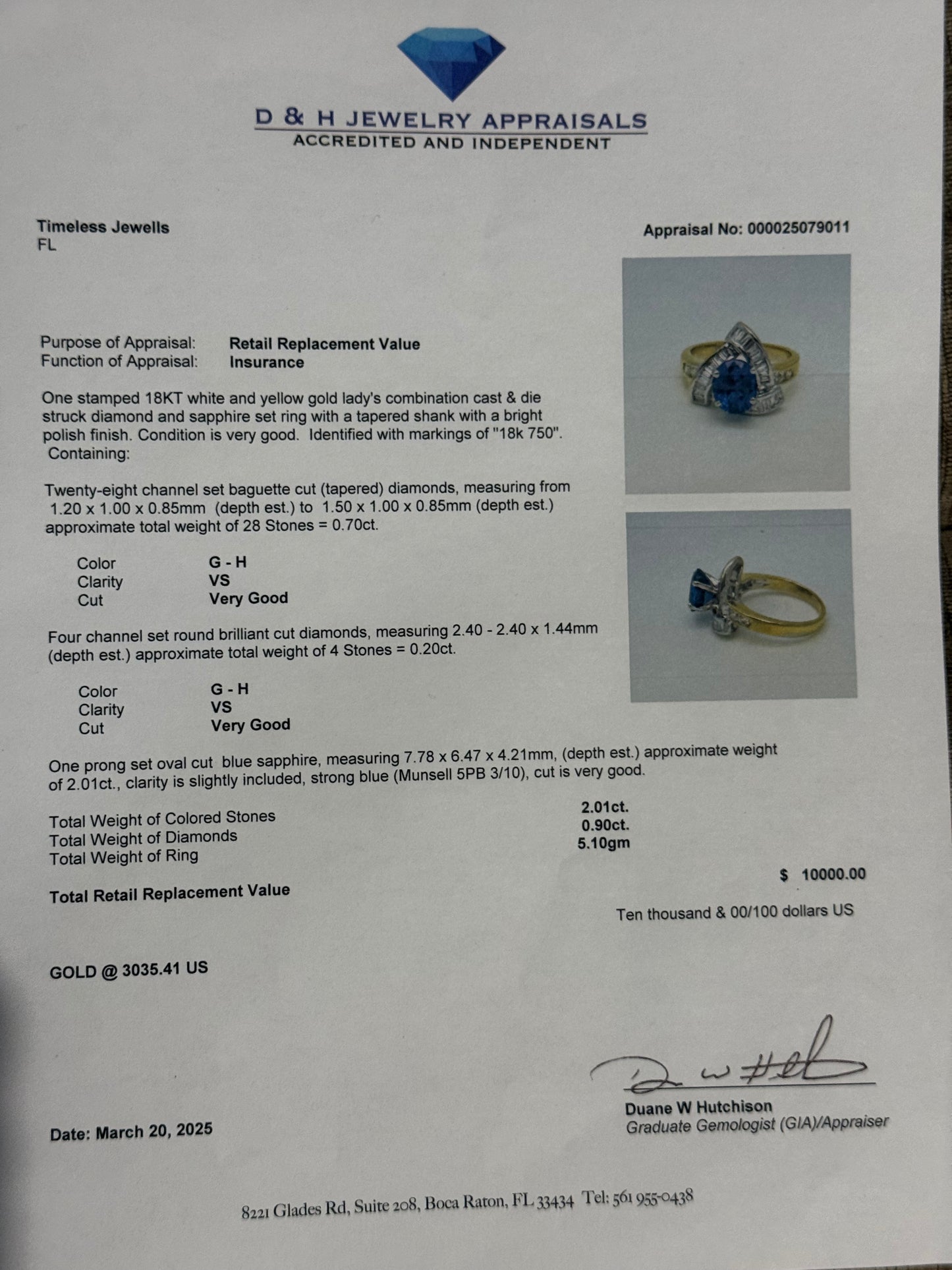 Natural 2.01 Carat Blue Sapphire & 0.90ct Diamond 18K Two-Tone Gold Ring (Size 6)