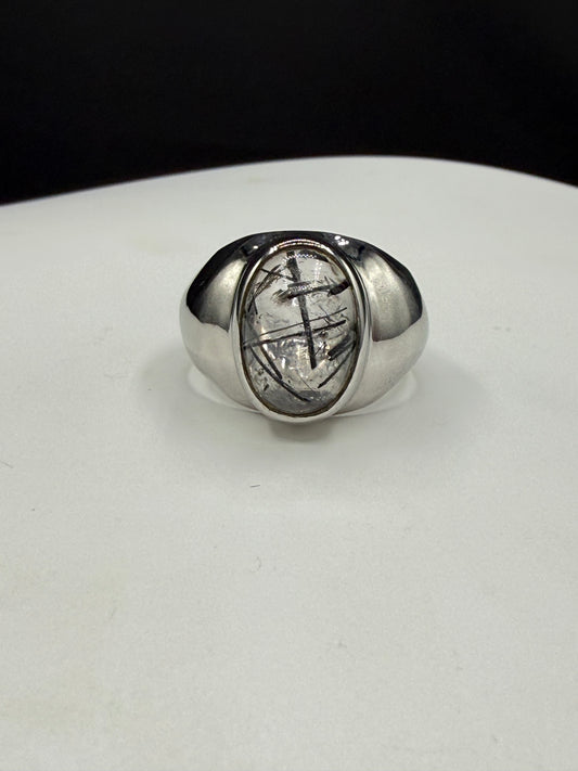 Natural Tourmalated Quartz Sterling Silver Ring (Size 8.75)