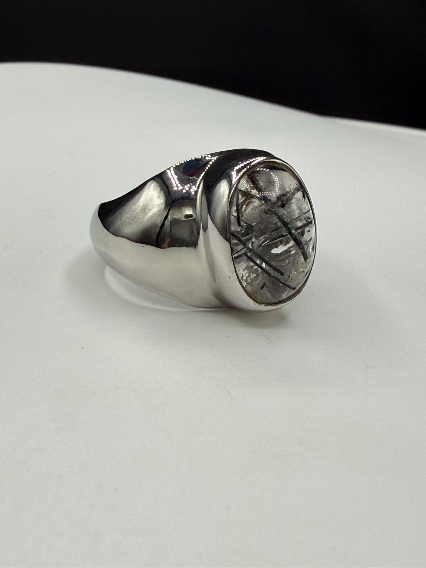 Natural Tourmalated Quartz Sterling Silver Ring (Size 8.75)