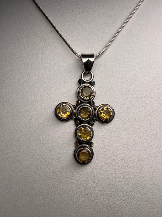 Vintage Natural Citrine Sterling Silver Cross Pendant Necklace | 5.40 Carats | 2” Pendant