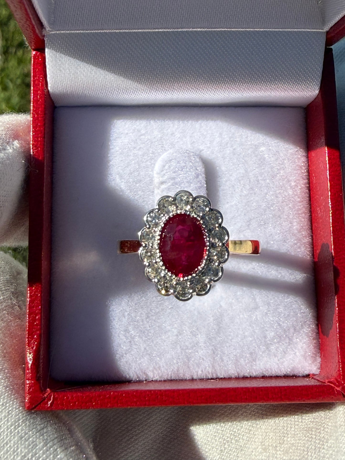 GIA Certified Natural Ruby & Diamond Halo Engagement Ring 18K Yellow + White Gold (Size 7)