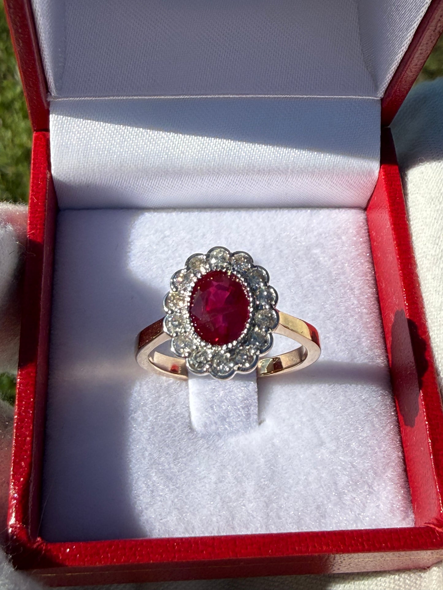 GIA Certified Natural Ruby & Diamond Halo Engagement Ring 18K Yellow + White Gold (Size 7)