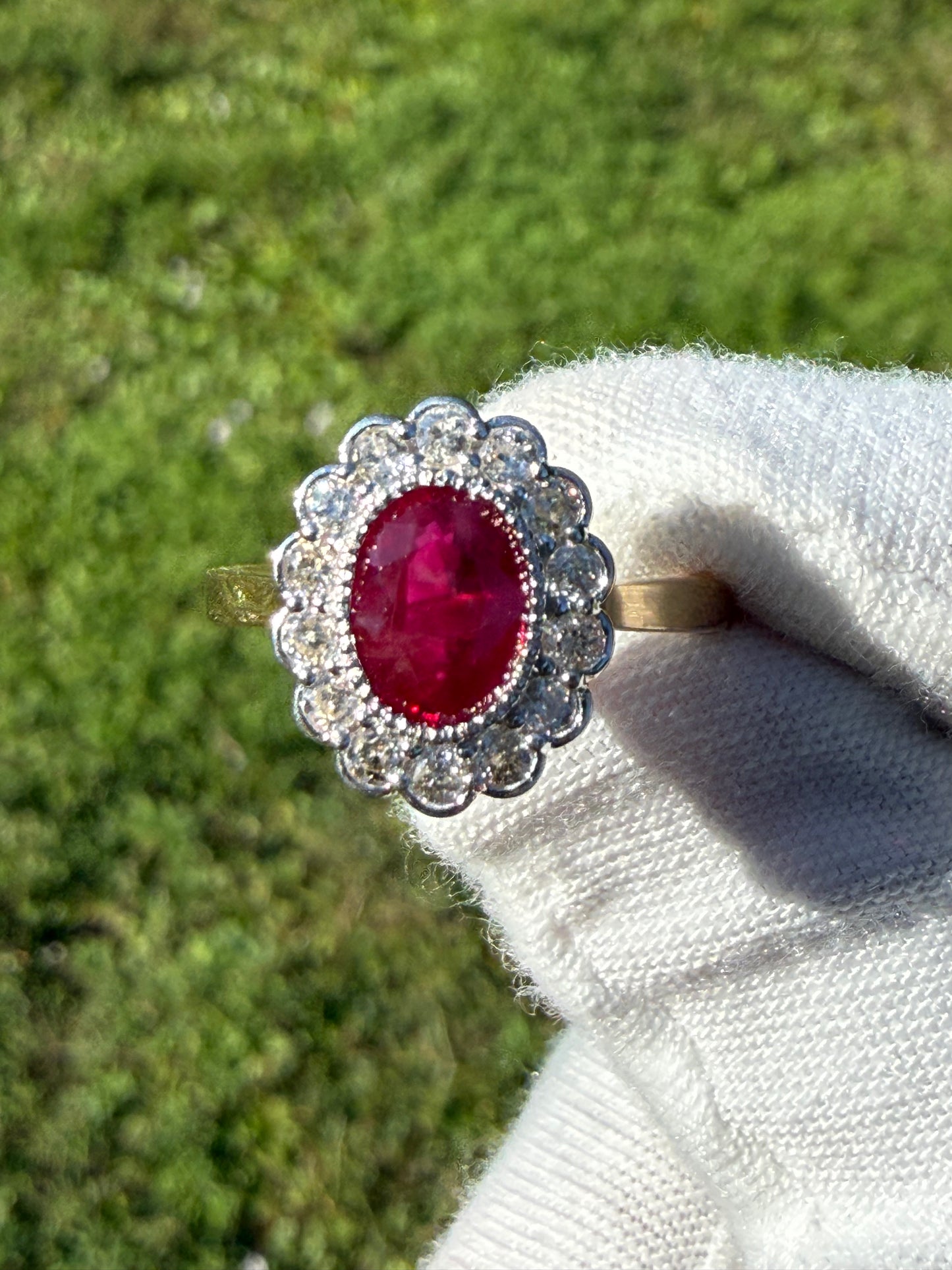 GIA Certified Natural Ruby & Diamond Halo Engagement Ring 18K Yellow + White Gold (Size 7)