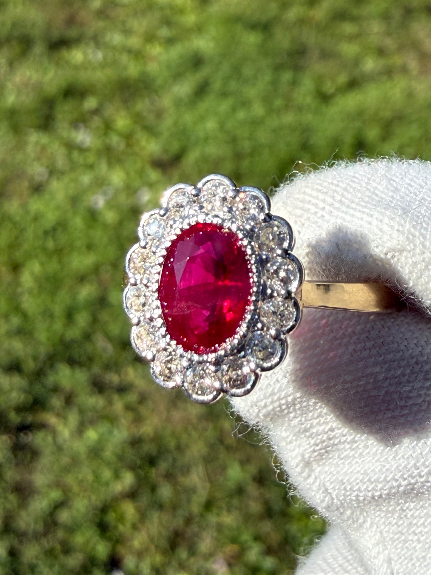 GIA Certified Natural Ruby & Diamond Halo Engagement Ring 18K Yellow + White Gold (Size 7)