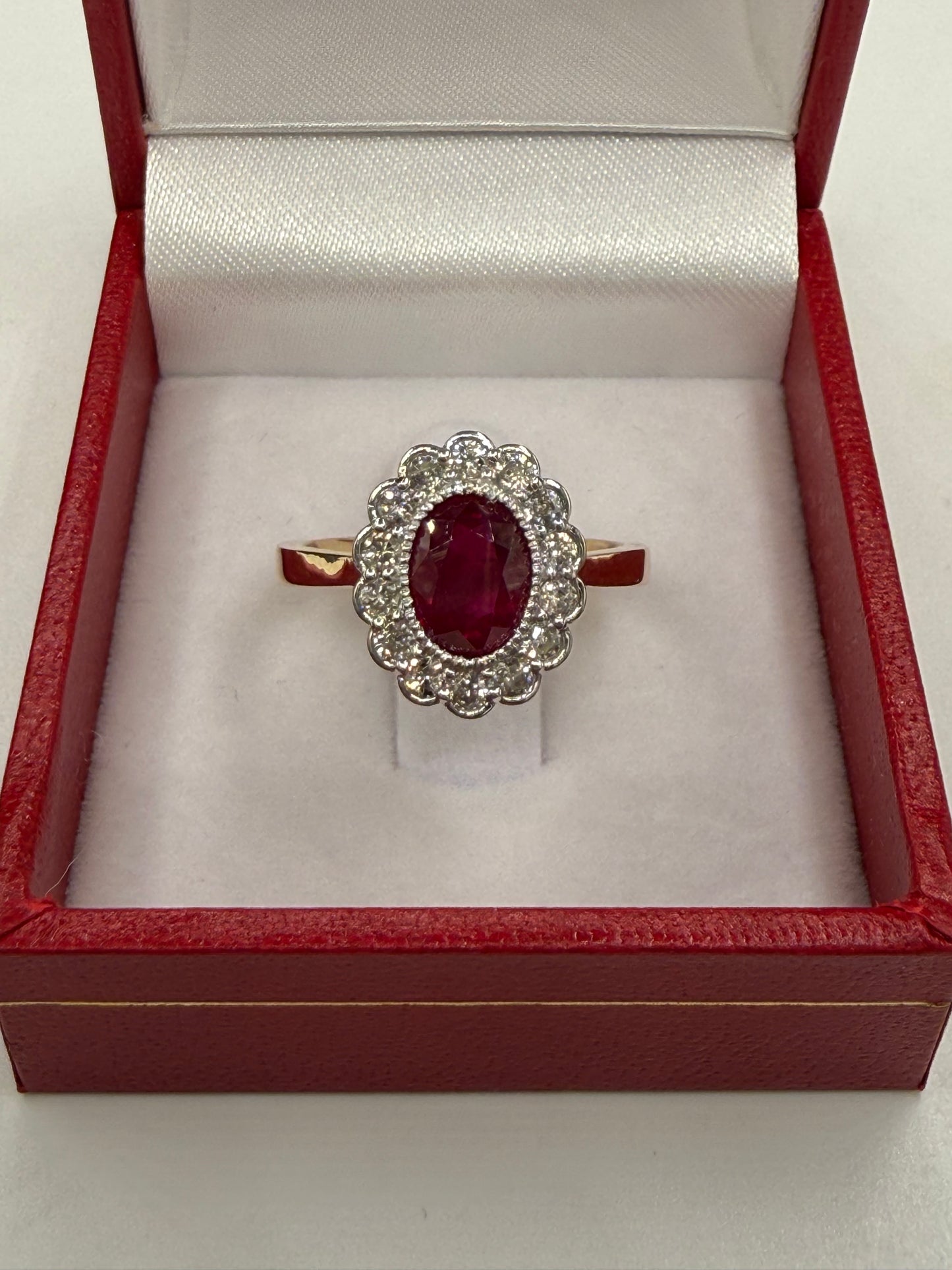 GIA Certified Natural Ruby & Diamond Halo Engagement Ring 18K Yellow + White Gold (Size 7)