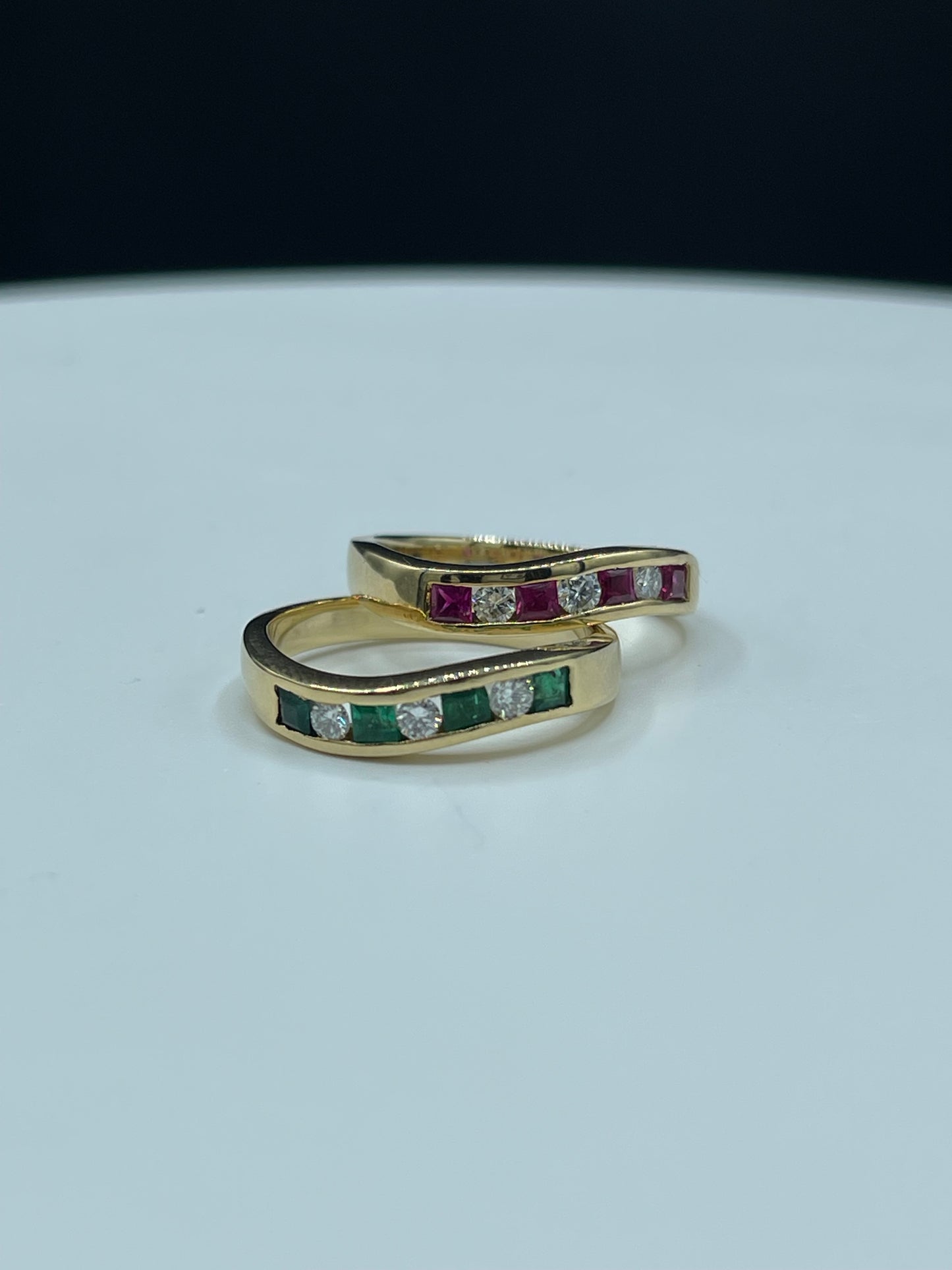 Designer Ruby Emerald Diamond 18k Yellow Gold Stackable Rings (Size 7)