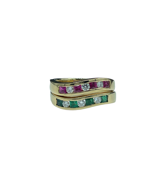 Designer Ruby Emerald Diamond 18k Yellow Gold Stackable Rings (Size 7)