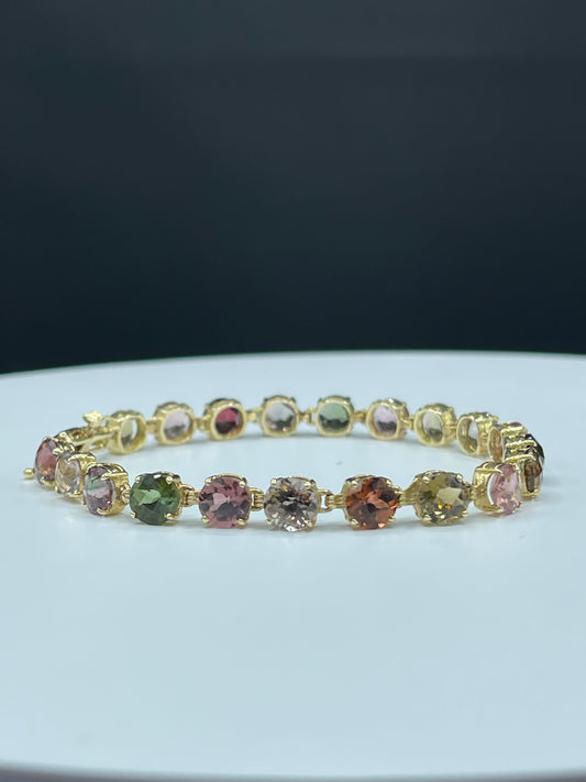 Natural Multi Color Tourmaline 14k Yellow Gold Tennis Bracelet