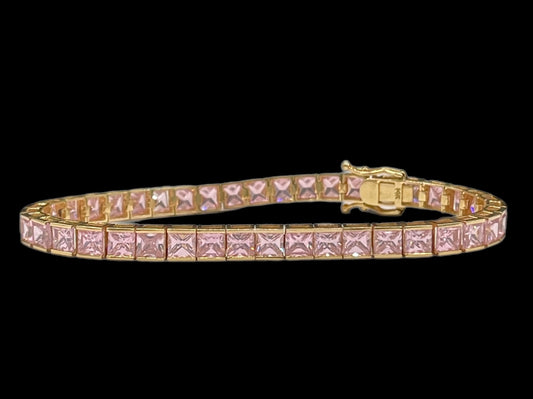 Pink Cubic Zirconia 14k Yellow Gold Tennis Bracelet