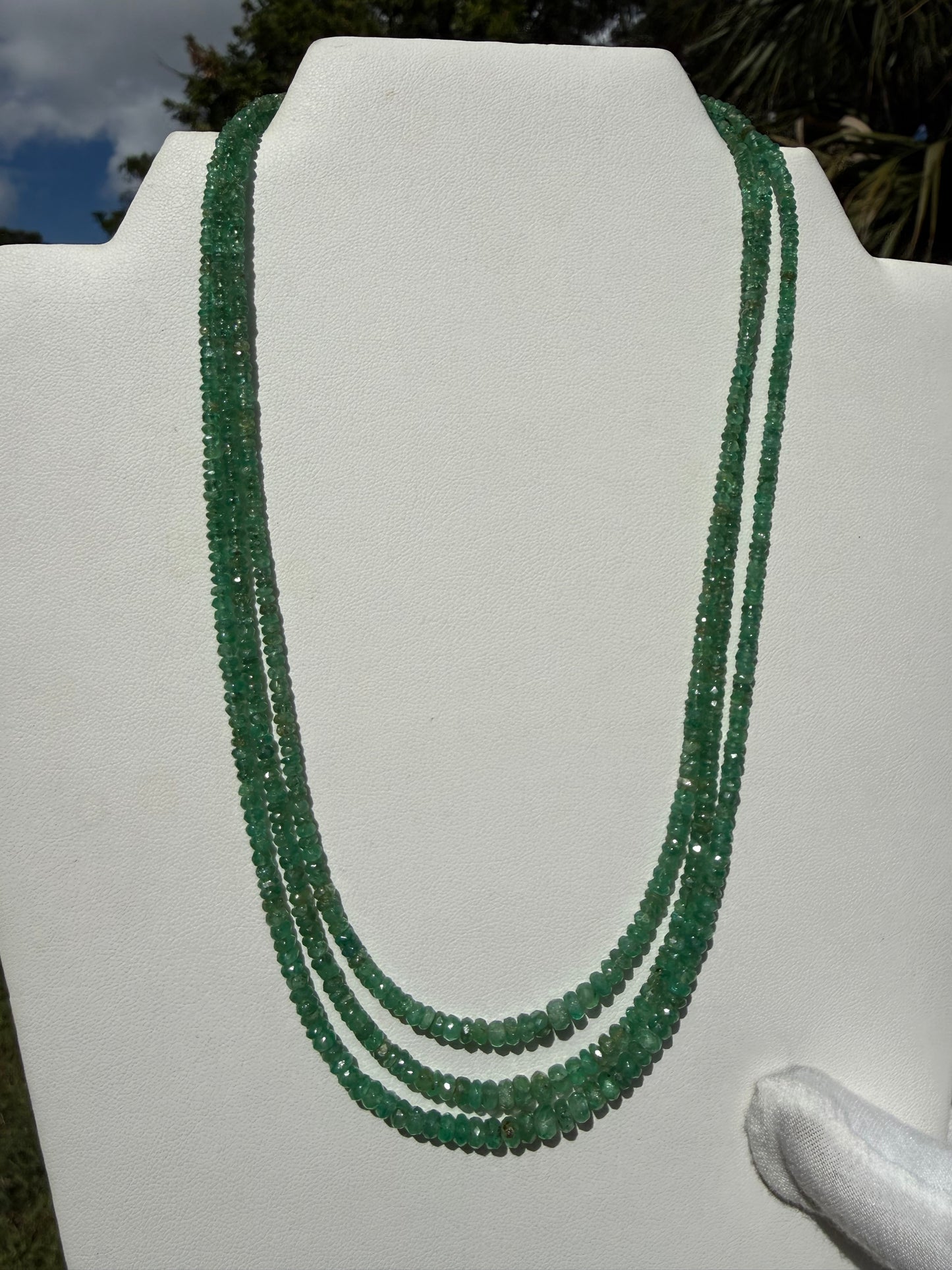Natural Emerald 18K Gold Clasp Triple Strand Beaded Necklace
