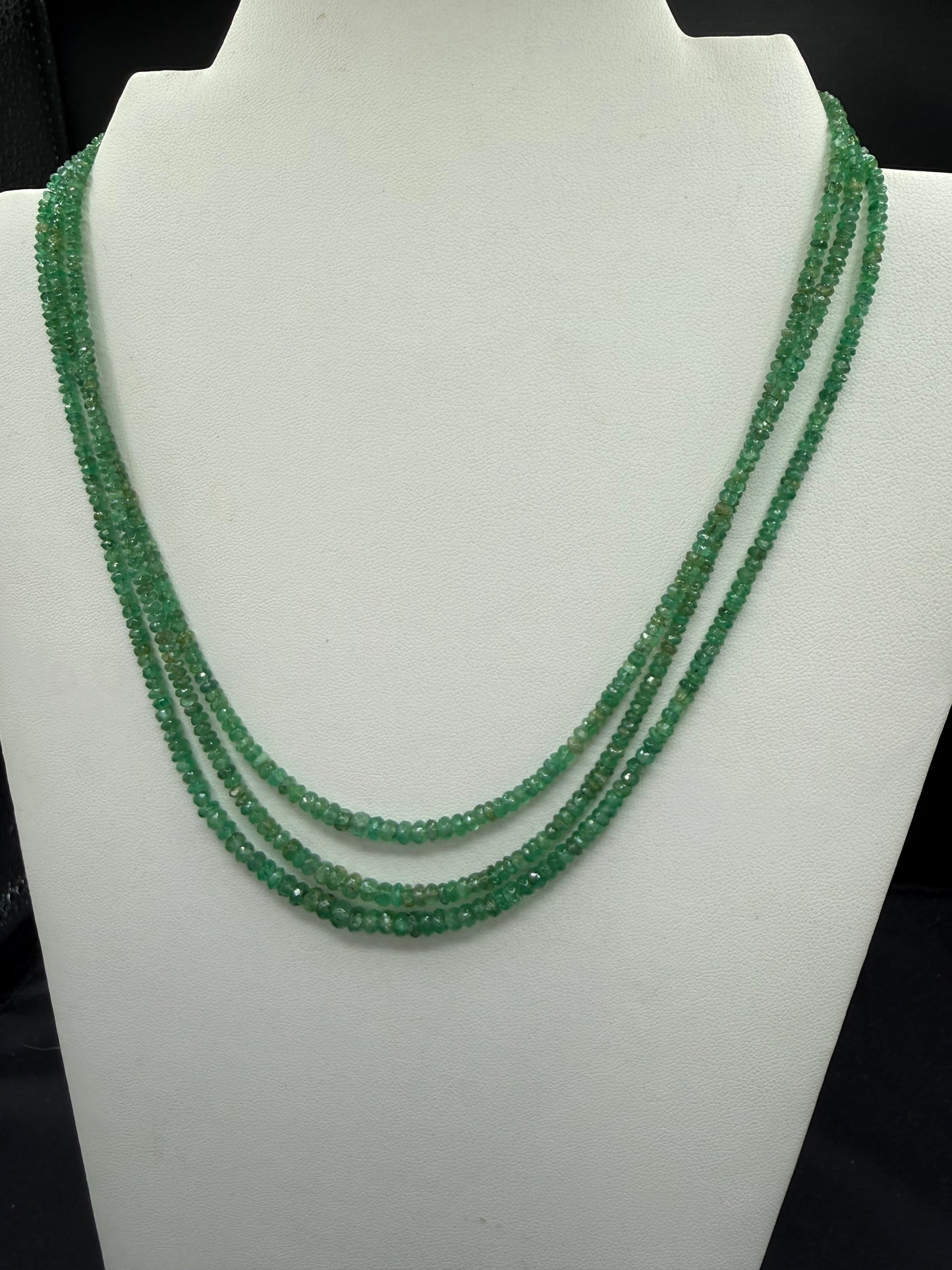Natural Emerald 18K Gold Clasp Triple Strand Beaded Necklace