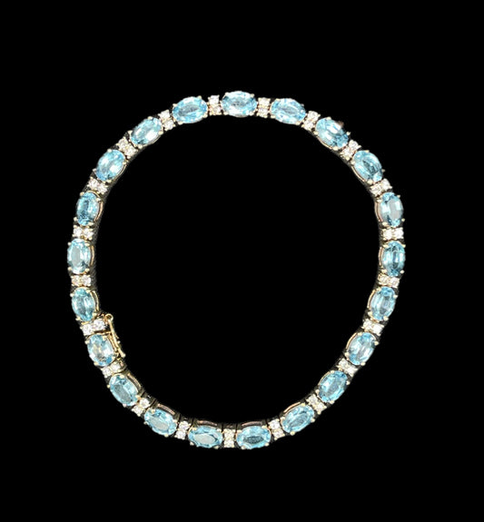 Vintage 13.92 Carat Blue Topaz & Diamond 14k Yellow Gold Tennis Bracelet