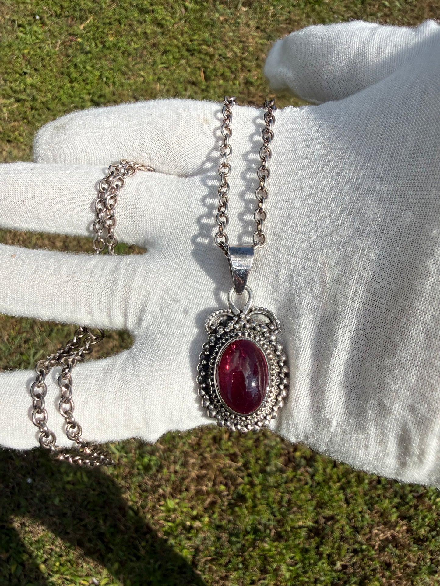 Vintage Natural Pink Tourmaline Cabochon Sterling Silver Pendant Necklace | 20.25 Inches