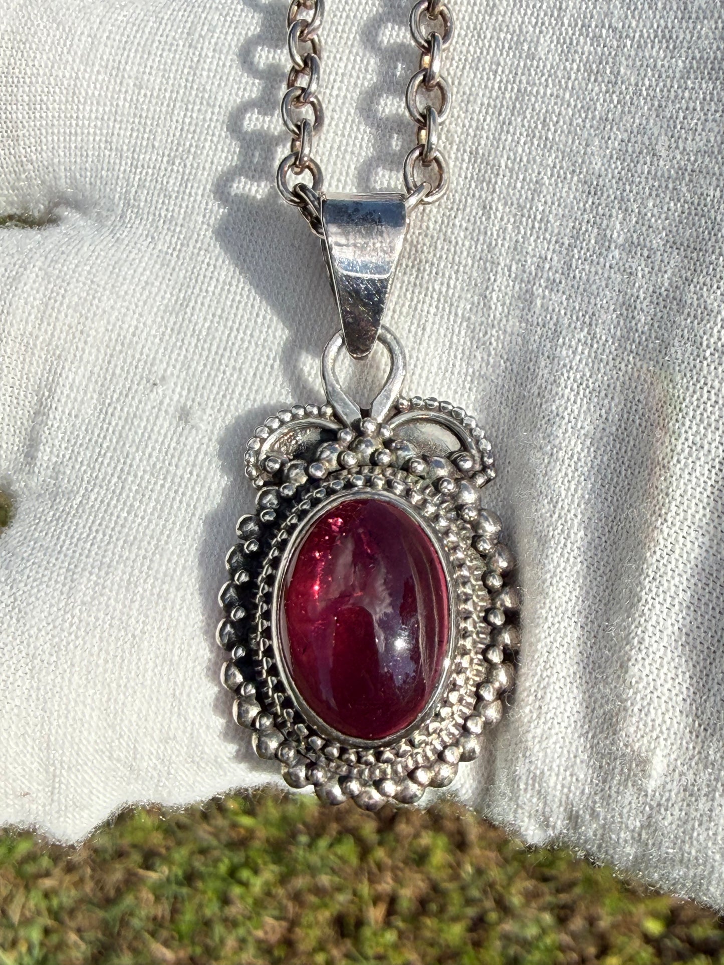 Vintage Natural Pink Tourmaline Cabochon Sterling Silver Pendant Necklace | 20.25 Inches
