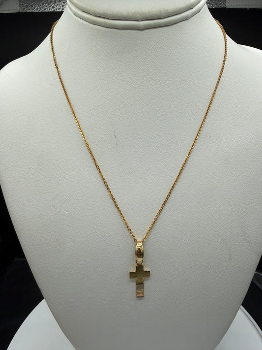 Vintage Italian Tri-Color 18K Gold Cross Pendant + 18K Chain | Yellow, White & Rose Gold | 17.75” Chain