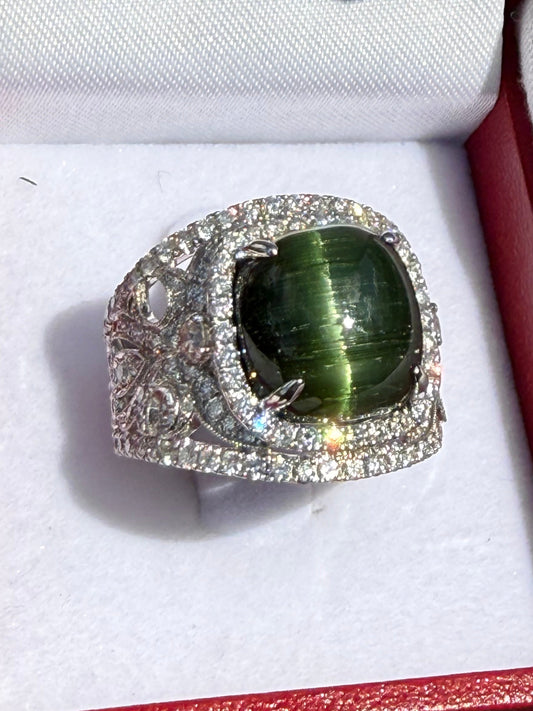 AGL Certified Natural Cat’s Eye Green Tourmaline 18k White Gold Ring | 9.18 Ct Tourmaline | 1.65 Ct Diamonds | Size 6.5