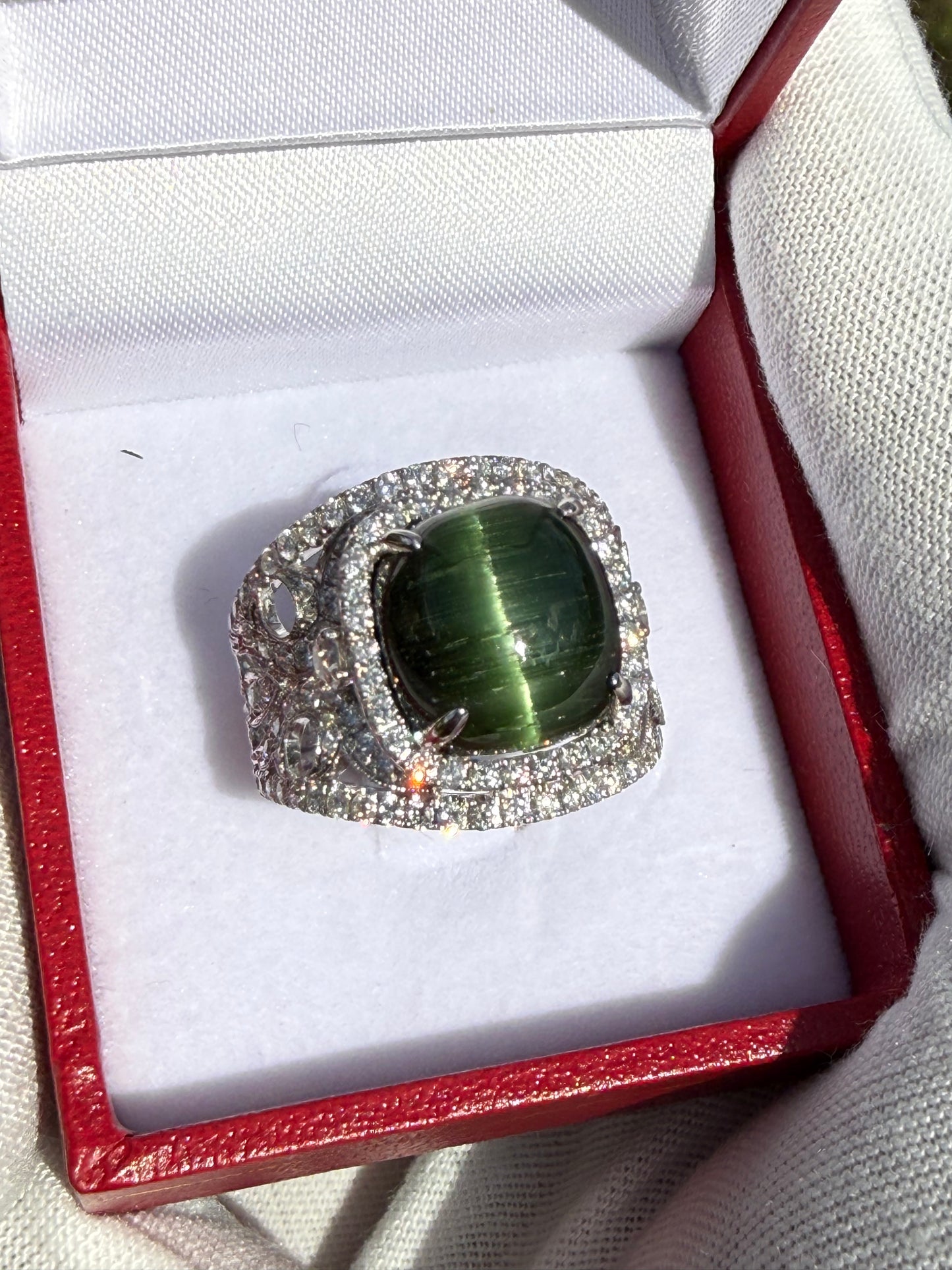 AGL Certified Natural Cat’s Eye Green Tourmaline 18k White Gold Ring | 9.18 Ct Tourmaline | 1.65 Ct Diamonds | Size 6.5