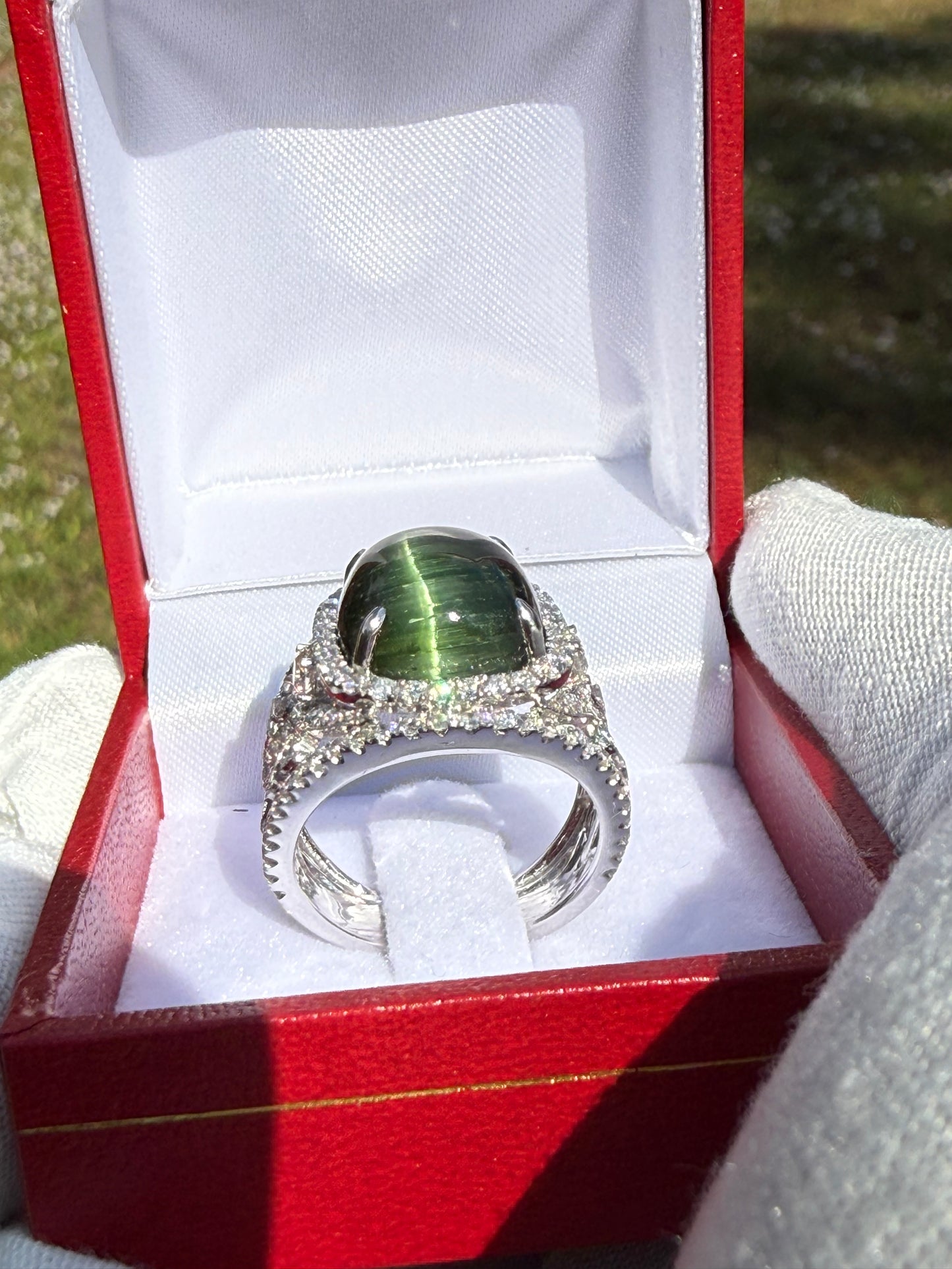 AGL Certified Natural Cat’s Eye Green Tourmaline 18k White Gold Ring | 9.18 Ct Tourmaline | 1.65 Ct Diamonds | Size 6.5