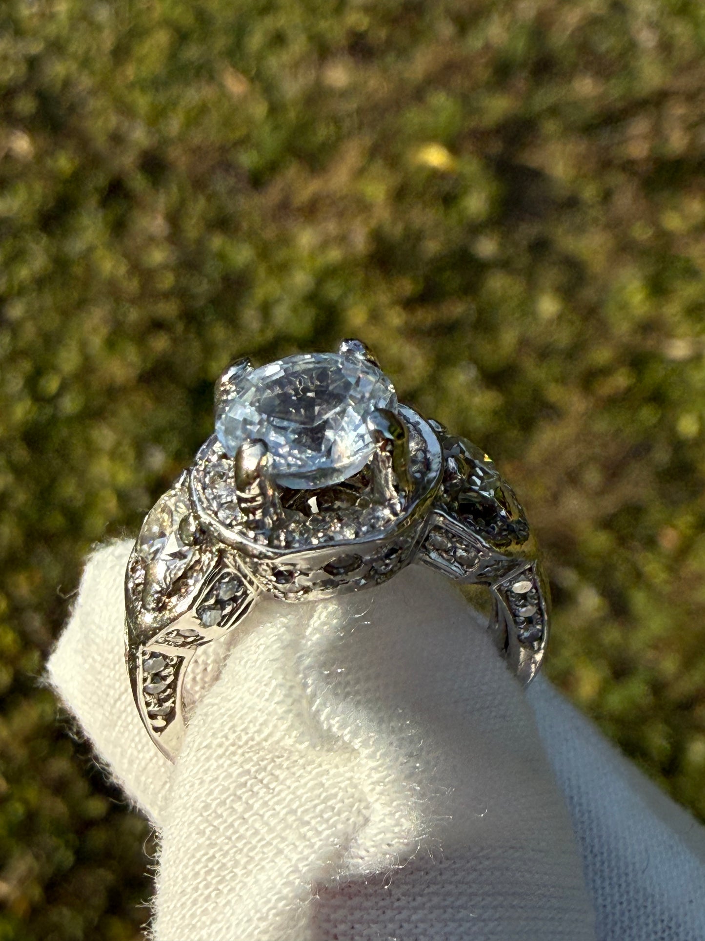 Natural Unheated 2.56 CT Light Blue Sapphire & 1.72 CT Diamond Platinum Ring | Size 5.5