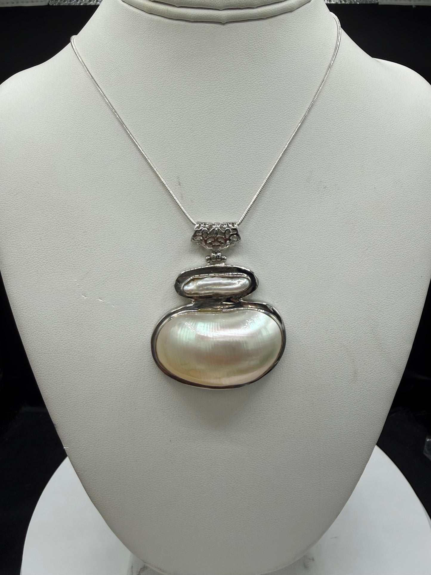 Natural Biwa Pearl & Mother of Pearl Sterling Silver Pendant Necklace • Handmade 925 • Large Statement Pearl Jewelry • 18 Inch Chain