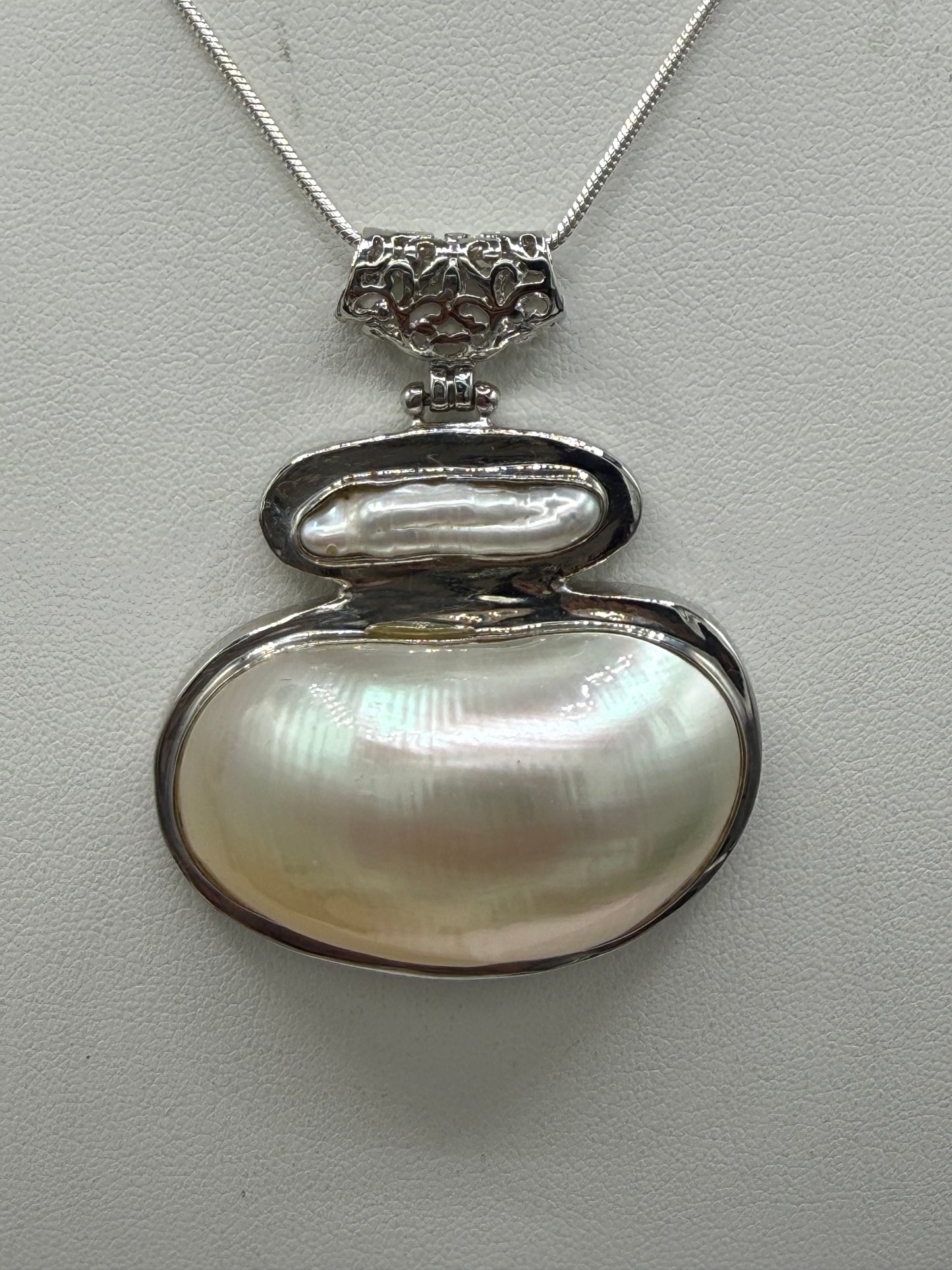 Natural Biwa Pearl & Mother of Pearl Sterling Silver Pendant Necklace • Handmade 925 • Large Statement Pearl Jewelry • 18 Inch Chain