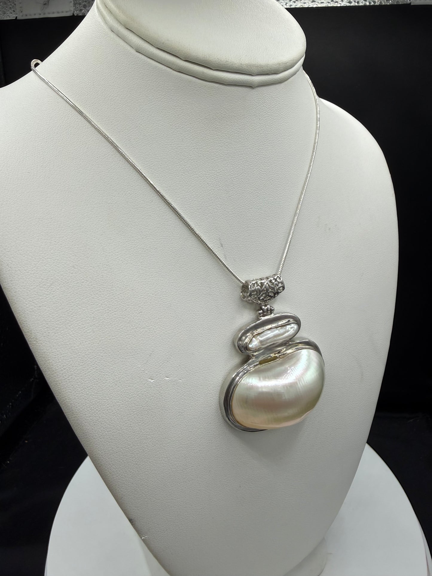 Natural Biwa Pearl & Mother of Pearl Sterling Silver Pendant Necklace • Handmade 925 • Large Statement Pearl Jewelry • 18 Inch Chain